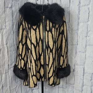 Chico's Animal Print Sweater Jacket Faux Fur Zipper Cardigan Medium